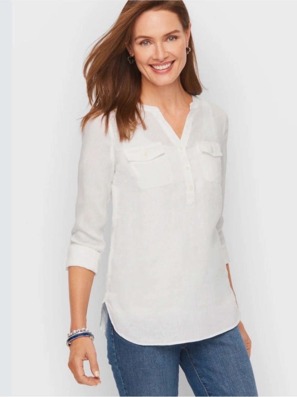 Talbot women’s size medium button rolled long sleeve 100% linen V-neck blouse